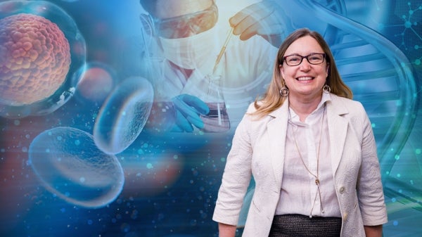 Portrait of woman in front of science collage