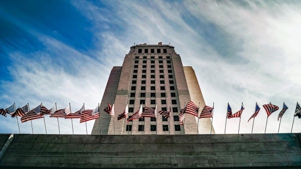 Exterior view of the Los Angeles City Hall building.