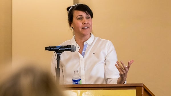 ASU poet Natalie Diaz reads a selection of newer works for an audience at Old Main. 