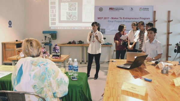 Vietnamese students present their prototype in an entrepreneurship competition in Danang, Vietnam.