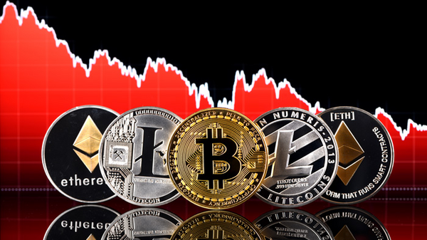 Image of five coins displaying Ethereum, Litecoin and Bitcoin with red jagged chart behind them