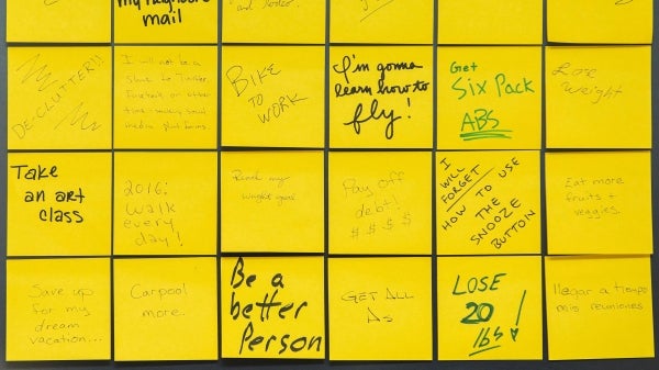 Post-It notes showing various hand-written resolutions