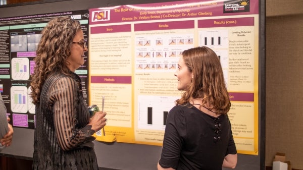 two women speaking in front of a research poster