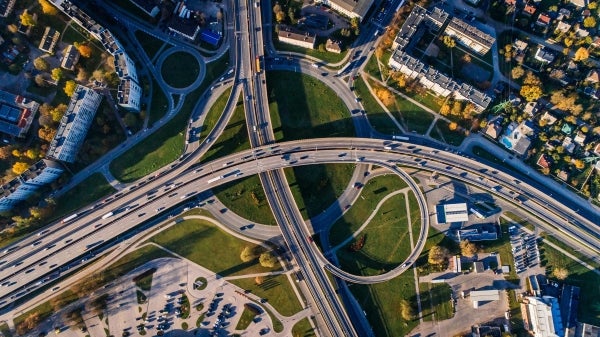 Aerial photo of highway interchange.