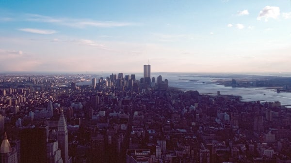 The Manhattan skyline before 9/11 with the World Trade Center visible