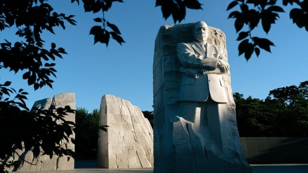 Stone MLK monument seen through leafy branches.