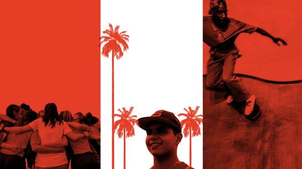 Collage of three photos of people in a huddle, a man wearing a baseball cap amid palm trees and a man skateboarding.