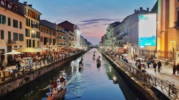 River in Milan, Italy at dusk.