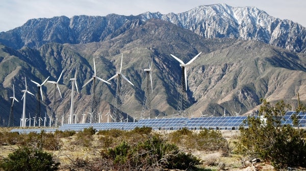 Wind turbines and solar panel arrays near Palm Springs, CA