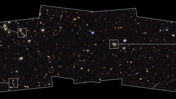 Image of a swath of sky measured by the James Webb Space Telescope's Near-Infrared Camera (NIRCam).