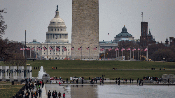 The US Capitol, the Washington Monument and visitors on the National Mall