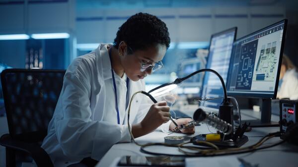 Woman in a white coat seated in front of a computer screen while examining electronic machinery on a table.