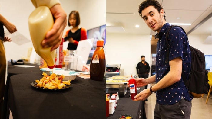 Photo collage of people putting sauce on fries