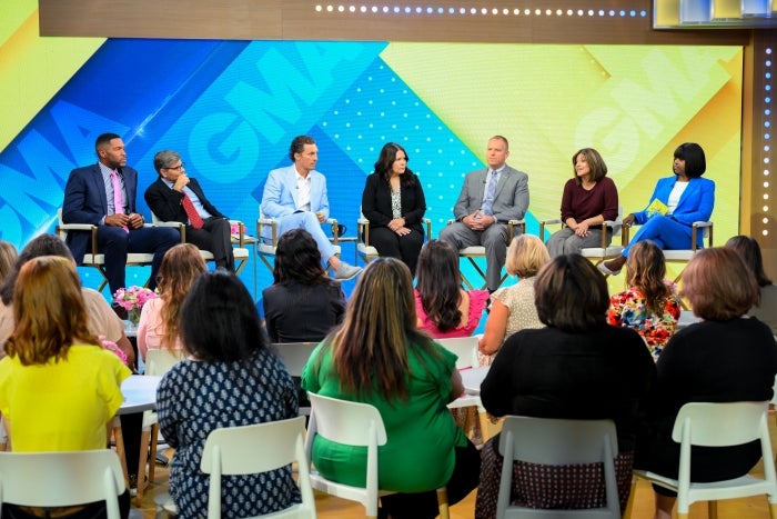 Sarah Lindstrom Johnson speaking on an interview panel with Good Morning America