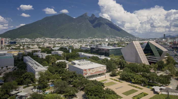 Tec de Monterrey campus overhead shot with mountains in background