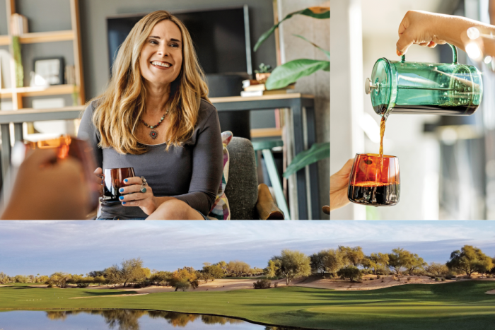 Collage of a woman drinking coffee and a golf course in Phoenix