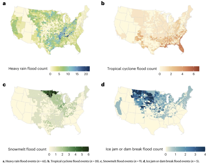 Graph showing four maps of the U.S. with different colors representing flood events.