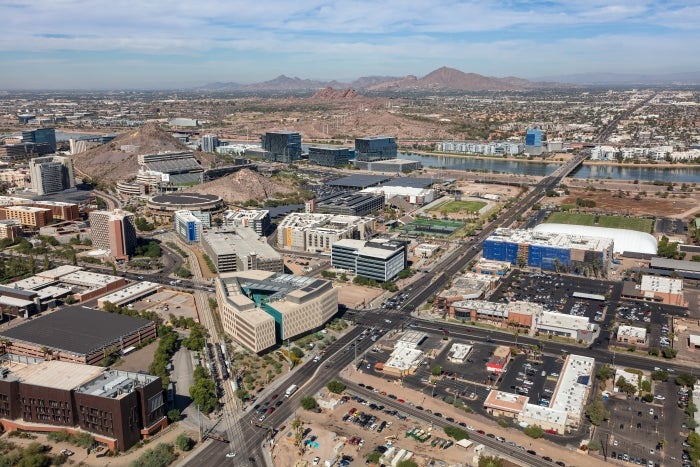 An aerial view of downtown Tempe looking northwest