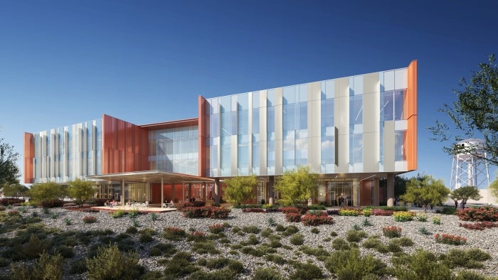 Exterior artist rendering of ASU classroom building with desert landscaping