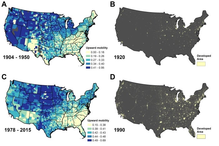 Maps show urban expansion and intergenerational mobility patterns.