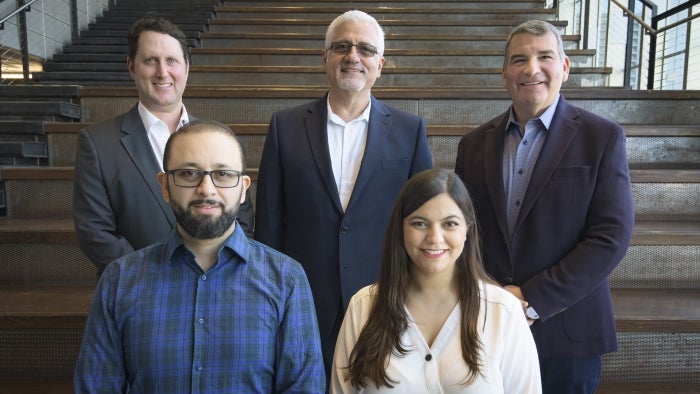 Fulton Schools of Engineering Assistant Research Professor and Aerogel Coating Technologies, or (aCT), Chief Executive Officer Jose Medina Campillo, top left, FORTA Professor of Pavement Engineering and aCT Strategic Advisor Kamil Kaloush, top center, aCT Strategic Advisor Michael Garrison, top right, aCT Chief Technology Officer Carlos Obando, bottom left, and aCT President and Research and Development and ASU Postdoctoral Scholar Jolina Karam, bottom right. Photographer: David Goodwater/VisLab at ASU