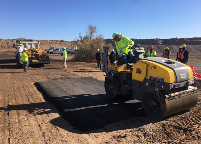 A test strip that has Aerogel Coating Technologies’ aMBX in the asphalt mix is being prepared at Southwest Asphalt’s plant. Photo courtesy of Aerogel Coating Technologies