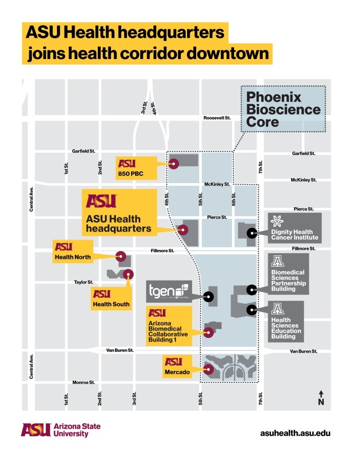 A map of the downtown Phoenix bioscience core showing the location of the future ASU Health headquarters along with other health buildings