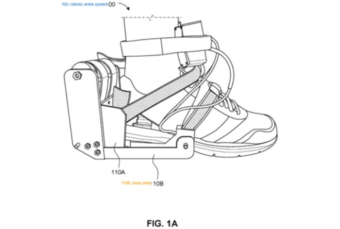 Black-and-white drawing of robotic ankle system that attaches to shoes to aid mobility.