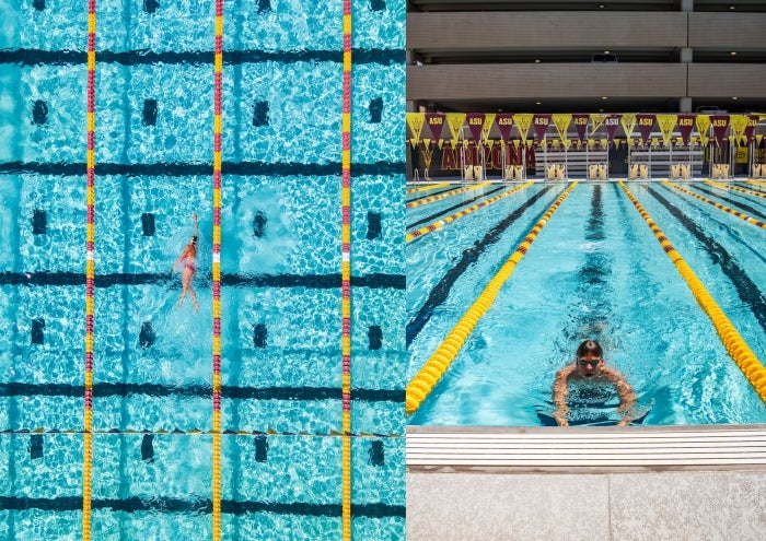 Two photos of man swimming in pool: One from above looking down at the lanes, and one from the front of him starting off at the end of the lane