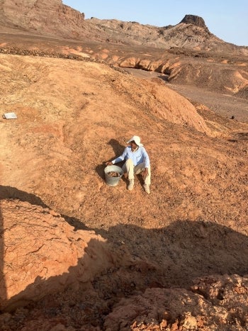 Linet Sankau surveying for fossils in the field at Lothagam.