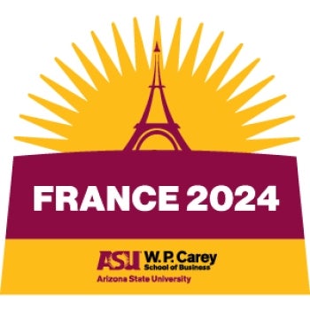 Marron and gold graphic of the Eiffel Tower with the text "France 2024."