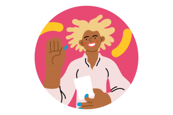 Colorful illustration of a woman raising her hand