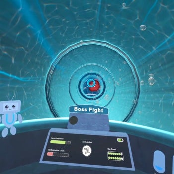 Video game screen capture showing the cartoon dashboard view from inside a virtual nano-submarine navigating a pipeline within a water purification plant.