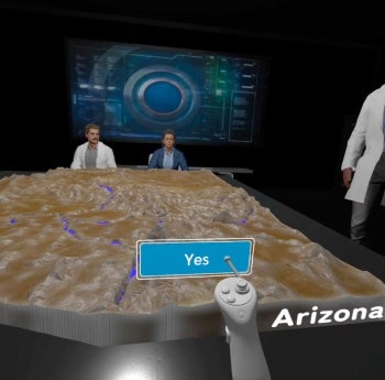 A screen capture showing scientists and engineers in a virtual strategy room centered on a 3D map of Arizona that highlights its main waterways.