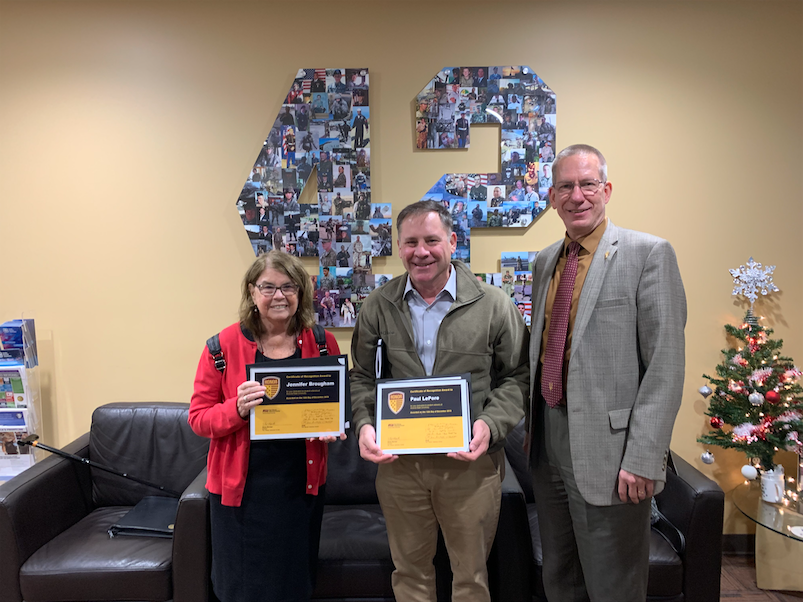 Picture of Jennifer Brougham and Paul LePore holding their certificates with Steve Borden.