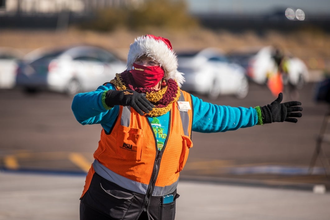 Woman directing traffic